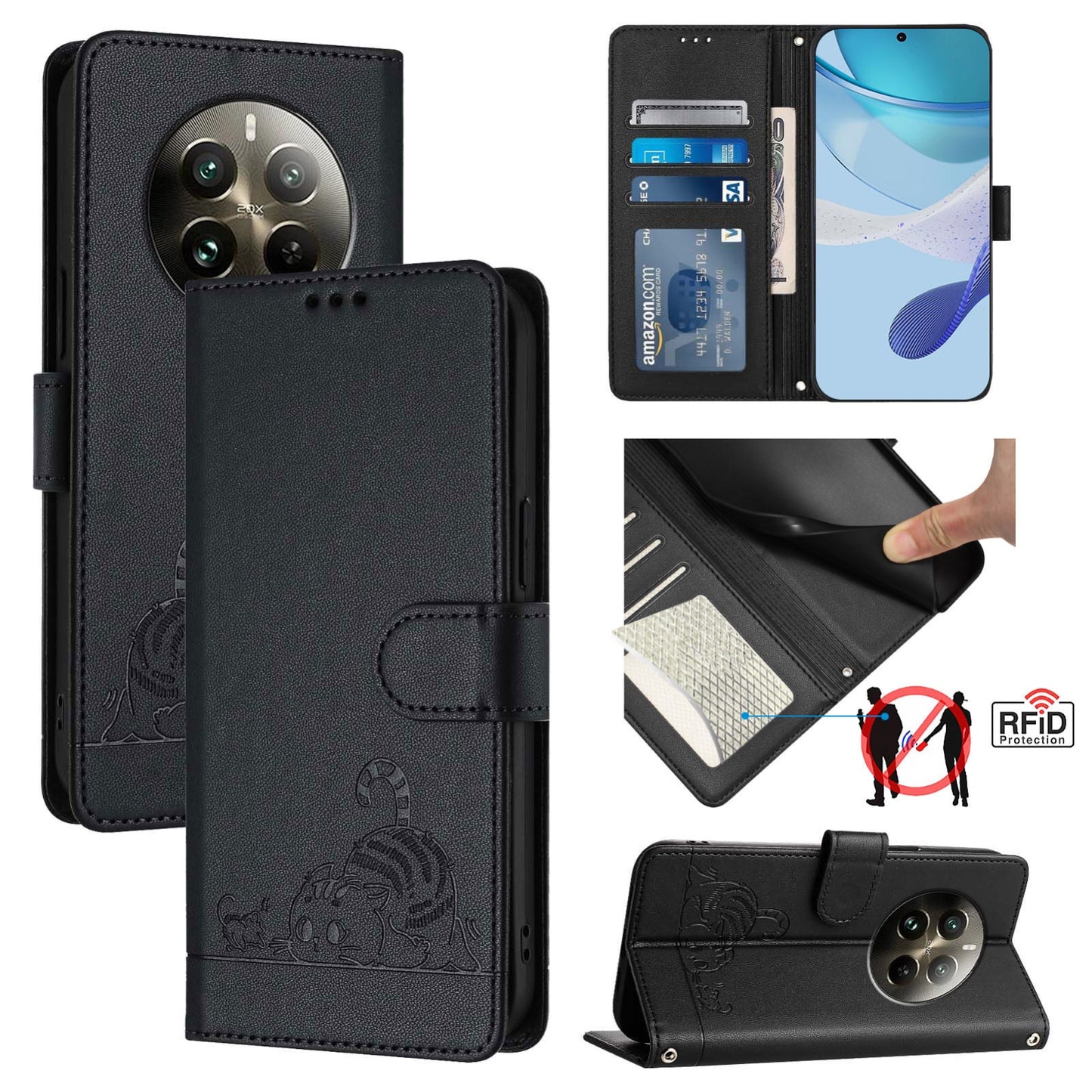 Realme 12 Pro+ 5G Global Cat & Rat Embossed RFID Leather Case, Lanyard, Wallet, Card Slots, Kickstand, Anti-Fall, Scratch-Resistant