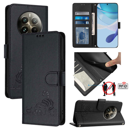 Realme 12 Pro+ 5G Global Cat & Rat Embossed RFID Leather Case, Lanyard, Wallet, Card Slots, Kickstand, Anti-Fall, Scratch-Resistant
