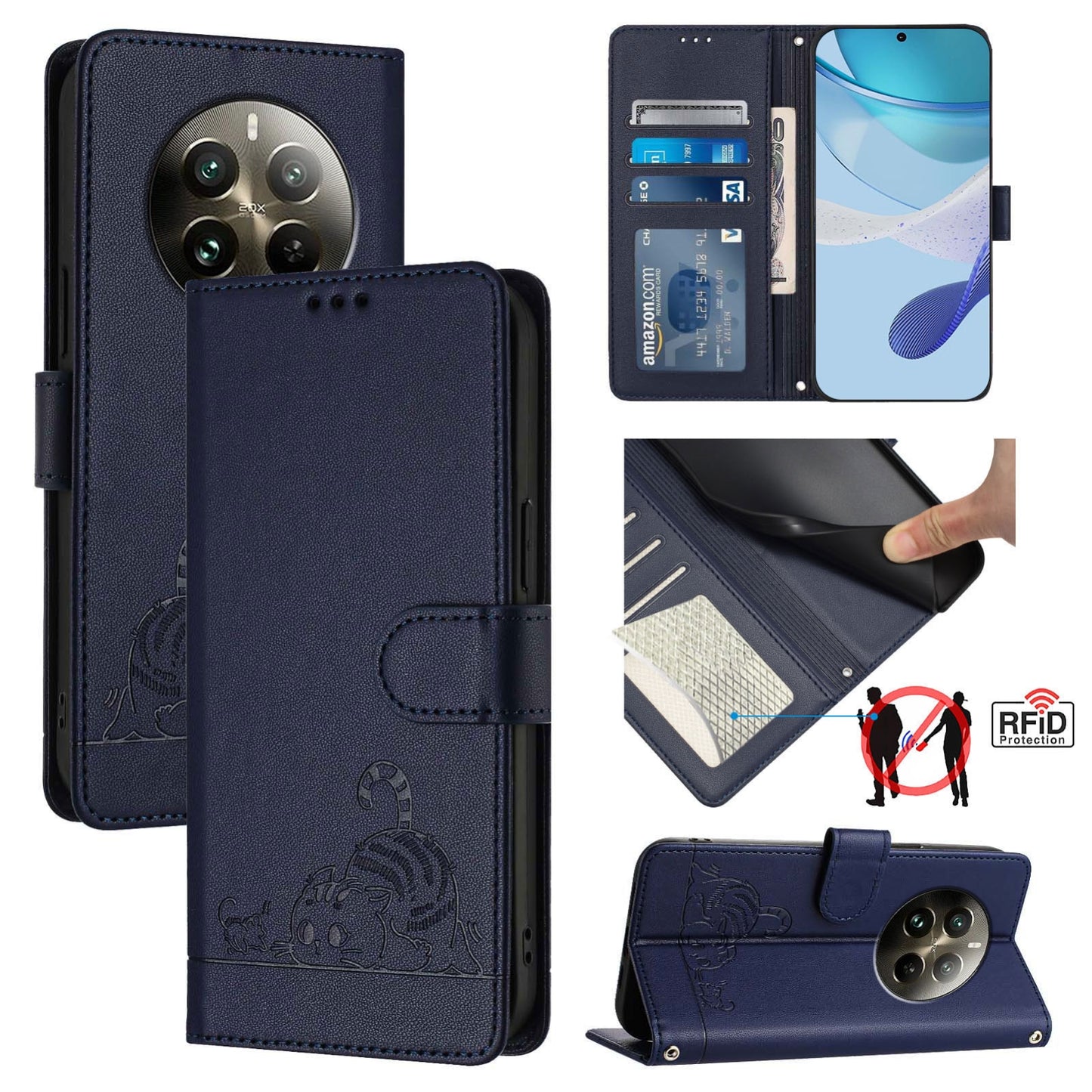 Realme 12 Pro+ 5G Global Cat & Rat Embossed RFID Leather Case, Lanyard, Wallet, Card Slots, Kickstand, Anti-Fall, Scratch-Resistant