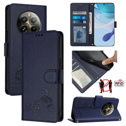 Realme 12 Pro+ 5G Global Cat & Rat Embossed RFID Leather Case, Lanyard, Wallet, Card Slots, Kickstand, Anti-Fall, Scratch-Resistant