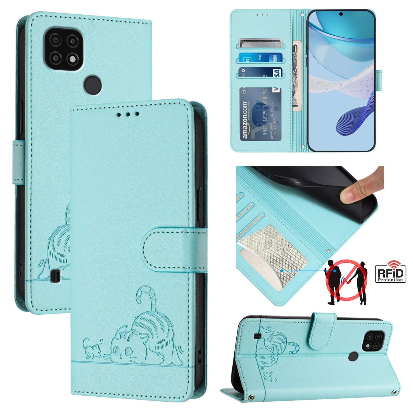 Realme C11 2021 Cat & Rat Embossed RFID Leather Case, Lanyard, Wallet, Card Slots, Kickstand, Anti-Fall, Scratch-Resistant