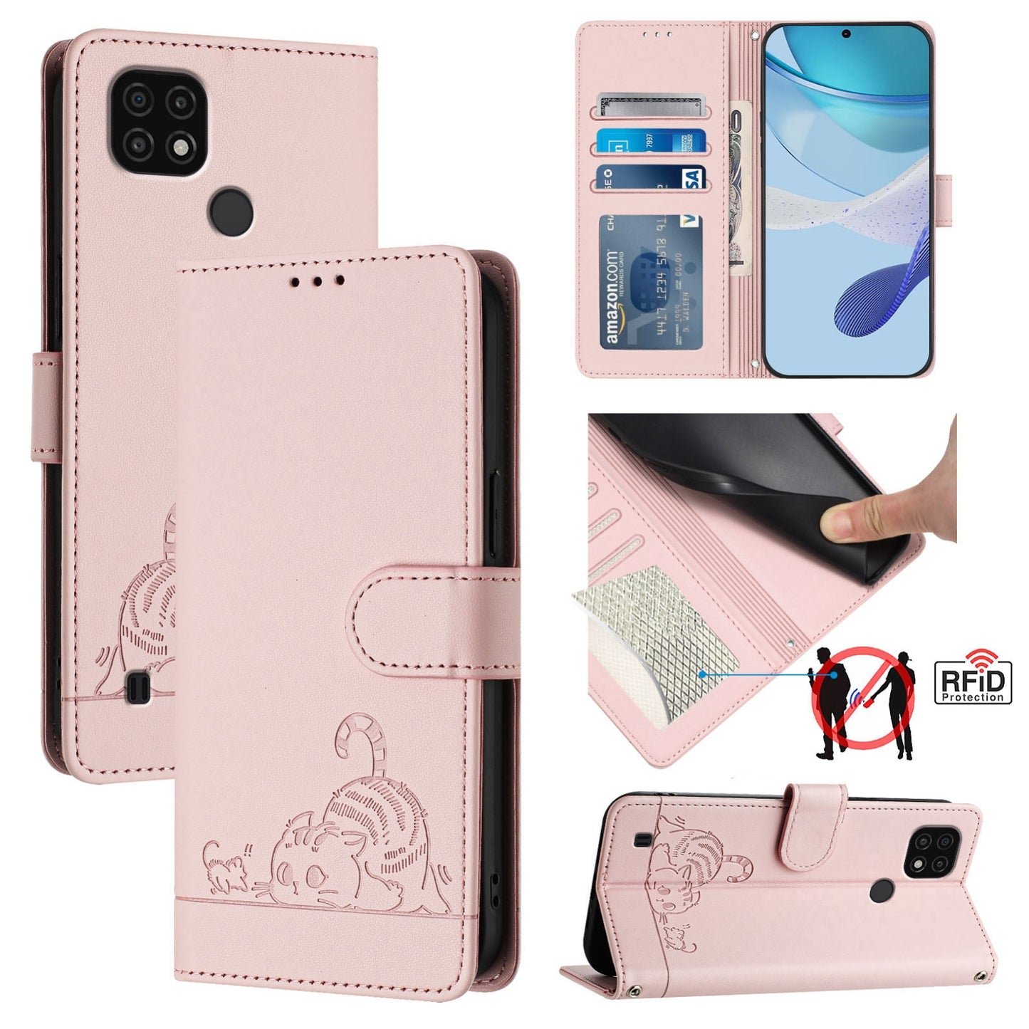 Realme C11 2021 Cat & Rat Embossed RFID Leather Case, Lanyard, Wallet, Card Slots, Kickstand, Anti-Fall, Scratch-Resistant
