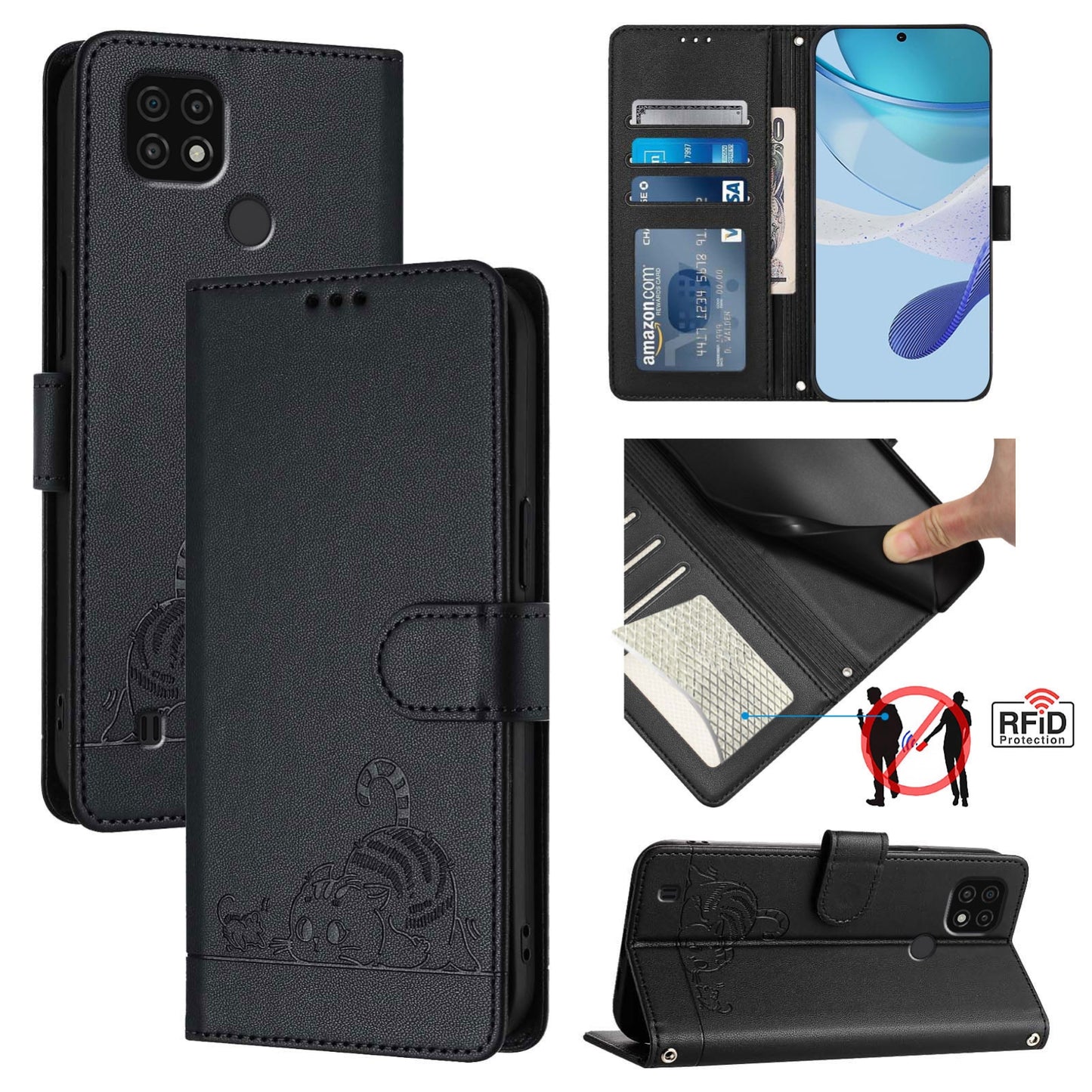 Realme C11 2021 Cat & Rat Embossed RFID Leather Case, Lanyard, Wallet, Card Slots, Kickstand, Anti-Fall, Scratch-Resistant