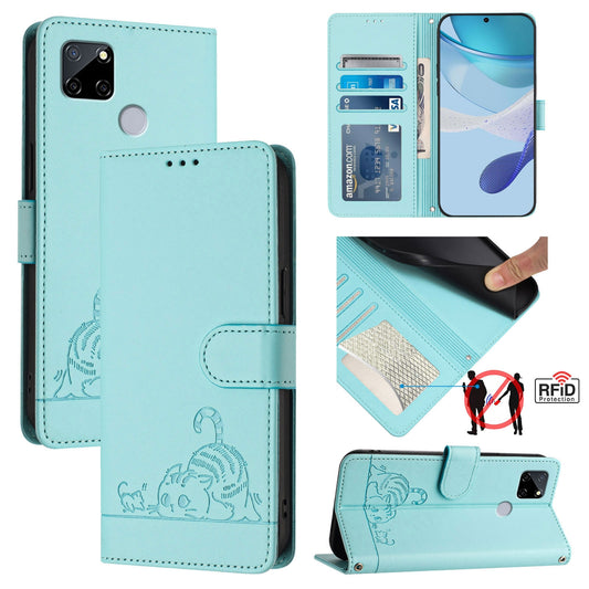 Realme C12 Cat & Rat Embossed RFID Leather Case, Lanyard, Wallet, Card Slots, Kickstand, Anti-Fall, Scratch-Resistant
