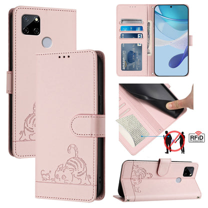 Realme C25 Cat & Rat Embossed RFID Leather Case, Lanyard, Wallet, Card Slots, Kickstand, Anti-Fall, Scratch-Resistant