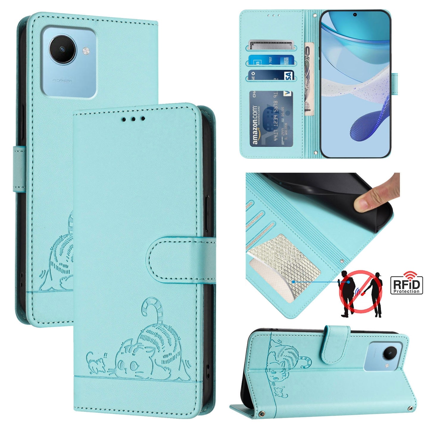 Realme C30 4G Cat & Rat Embossed RFID Leather Case, Lanyard, Wallet, Card Slots, Kickstand, Anti-Fall, Scratch-Resistant