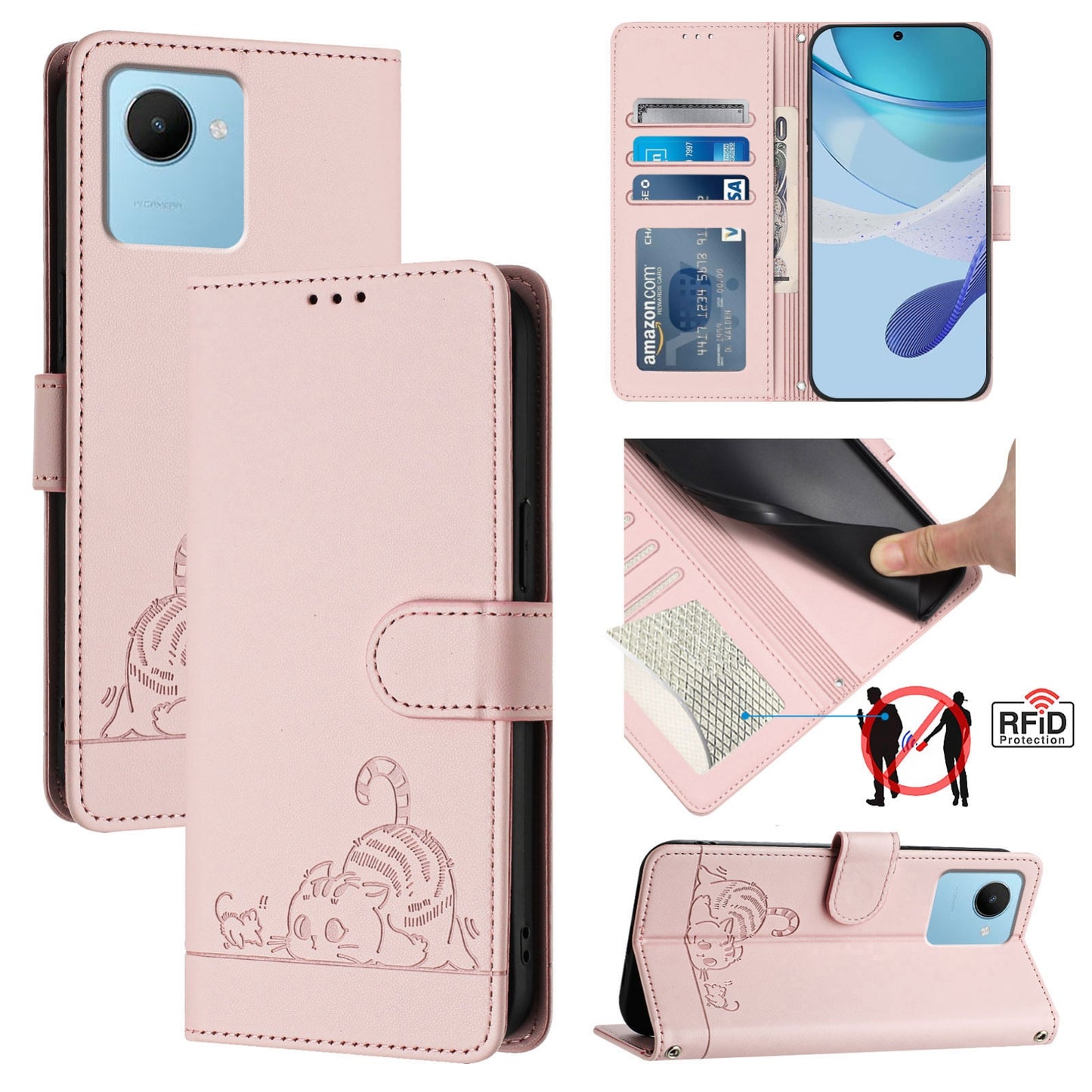 Realme Narzo 50i Prime Cat & Rat Embossed RFID Leather Case, Lanyard, Wallet, Card Slots, Kickstand, Anti-Fall, Scratch-Resistant