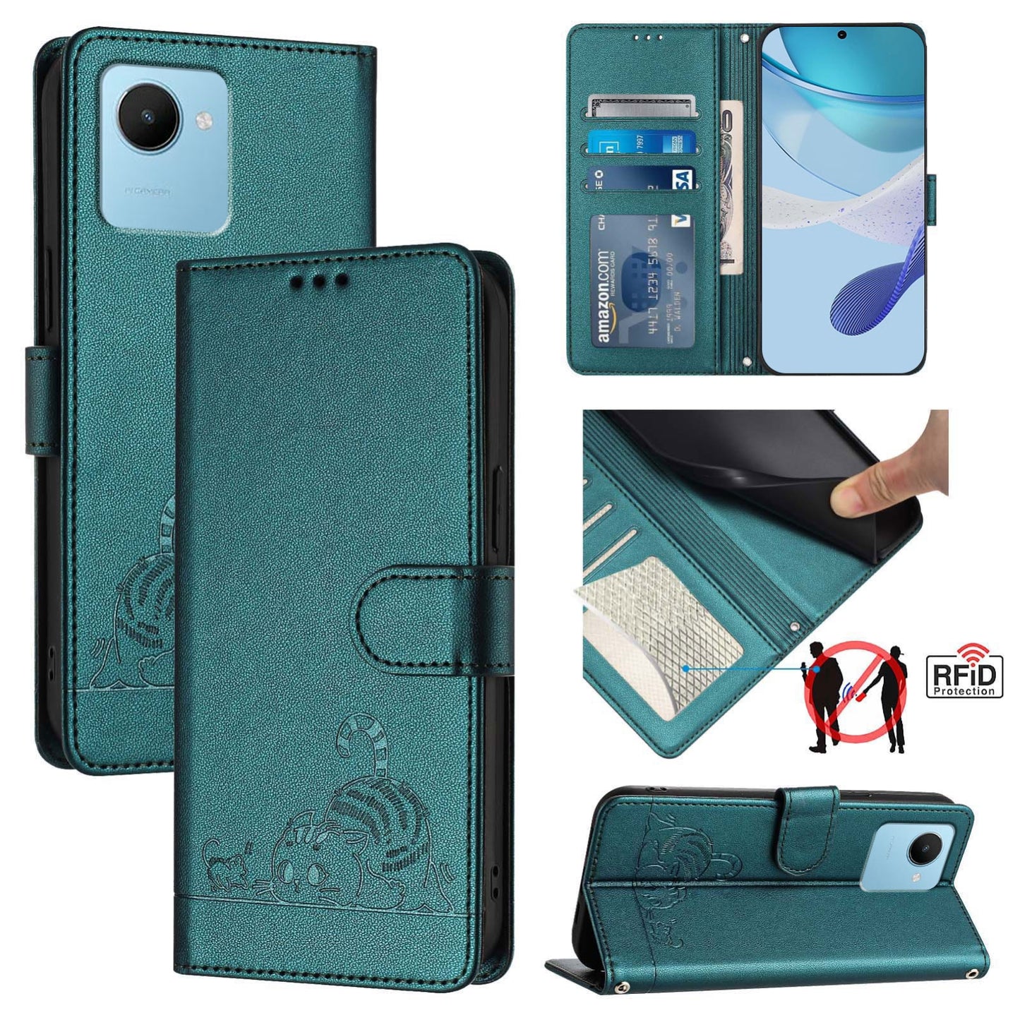 Realme C30 4G Cat & Rat Embossed RFID Leather Case, Lanyard, Wallet, Card Slots, Kickstand, Anti-Fall, Scratch-Resistant