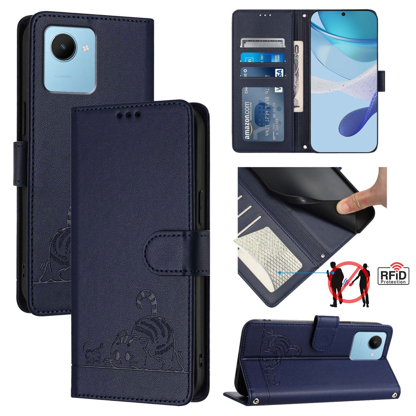 Realme Narzo 50i Prime Cat & Rat Embossed RFID Leather Case, Lanyard, Wallet, Card Slots, Kickstand, Anti-Fall, Scratch-Resistant