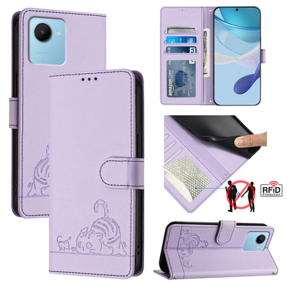 Realme C30 4G Cat & Rat Embossed RFID Leather Case, Lanyard, Wallet, Card Slots, Kickstand, Anti-Fall, Scratch-Resistant