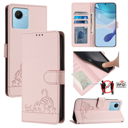 Realme C30S Cat & Rat Embossed RFID Leather Case, Lanyard, Wallet, Card Slots, Kickstand, Anti-Fall, Scratch-Resistant