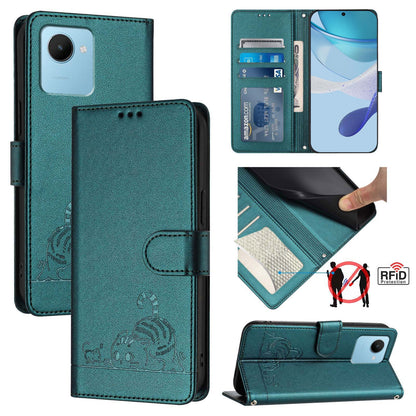 Realme C30S Cat & Rat Embossed RFID Leather Case, Lanyard, Wallet, Card Slots, Kickstand, Anti-Fall, Scratch-Resistant