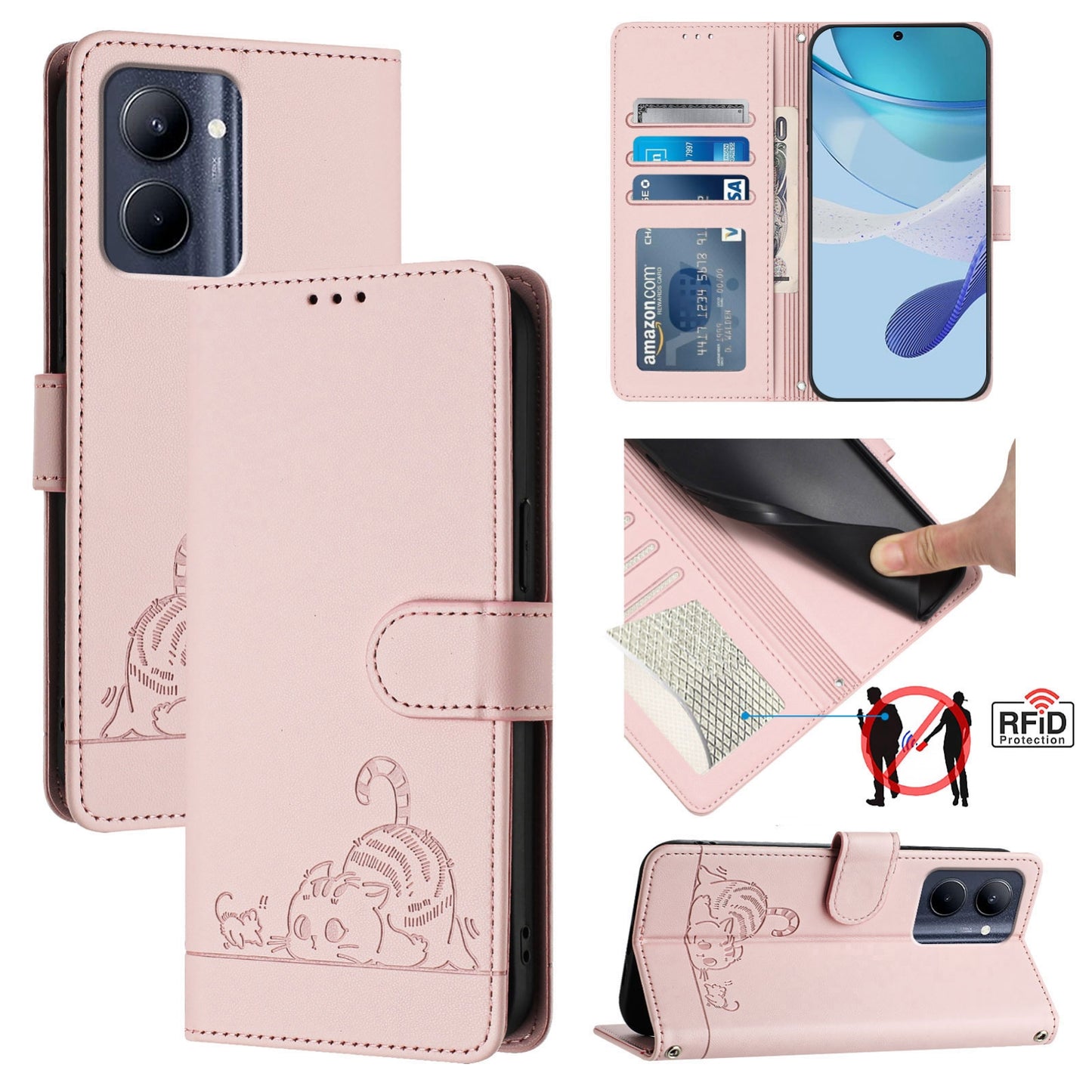 Realme C33 2023 Global Cat & Rat Embossed RFID Leather Case, Lanyard, Wallet, Card Slots, Kickstand, Anti-Fall, Scratch-Resistant