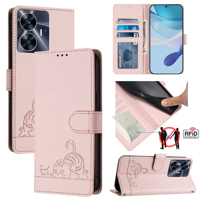 Realme C55 4G Global Cat & Rat Embossed RFID Leather Case, Lanyard, Wallet, Card Slots, Kickstand, Anti-Fall, Scratch-Resistant