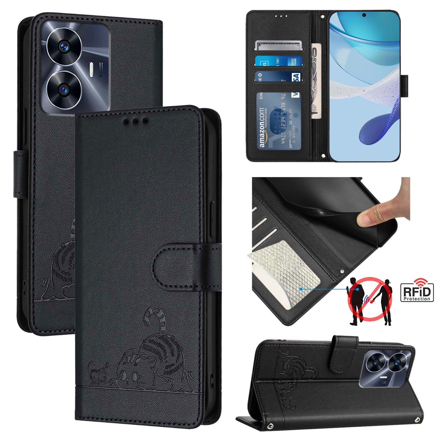 Realme C55 4G Global Cat & Rat Embossed RFID Leather Case, Lanyard, Wallet, Card Slots, Kickstand, Anti-Fall, Scratch-Resistant