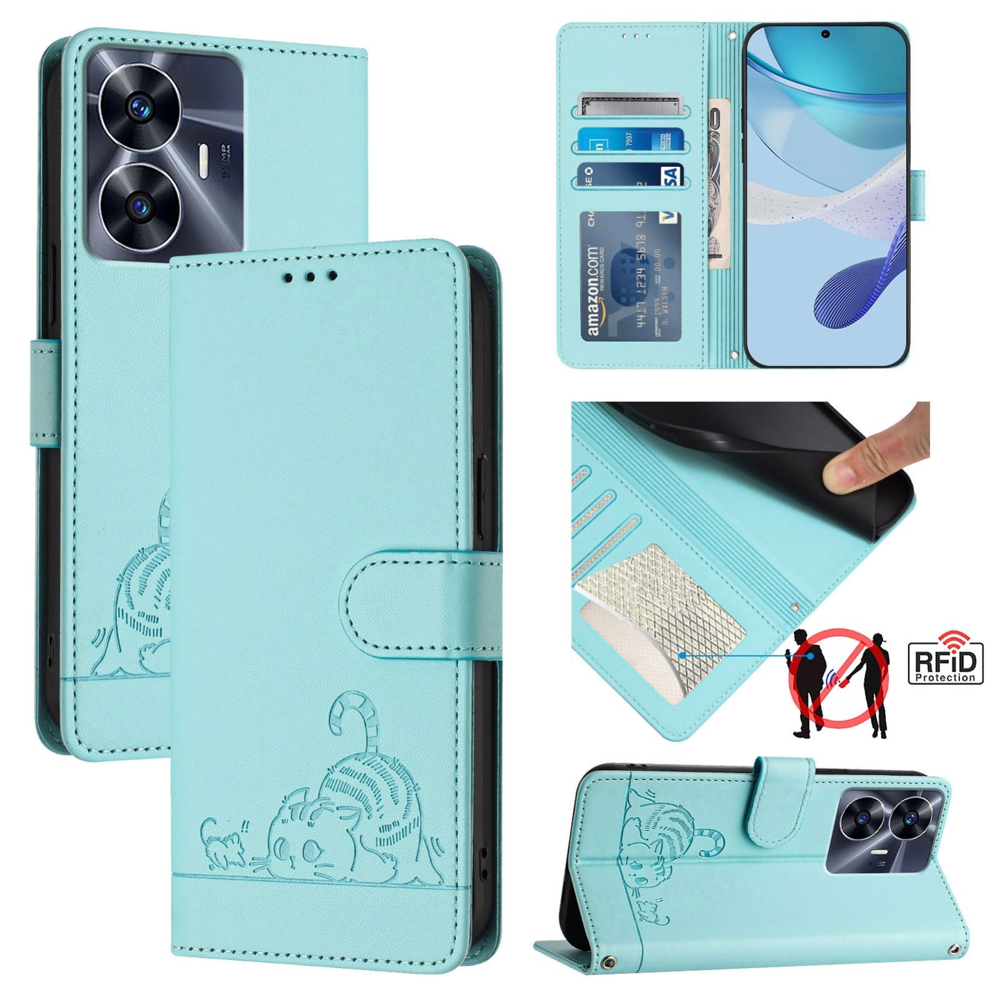 Realme Narzo N55 Cat & Rat Embossed RFID Leather Case, Lanyard, Wallet, Card Slots, Kickstand, Anti-Fall, Scratch-Resistant