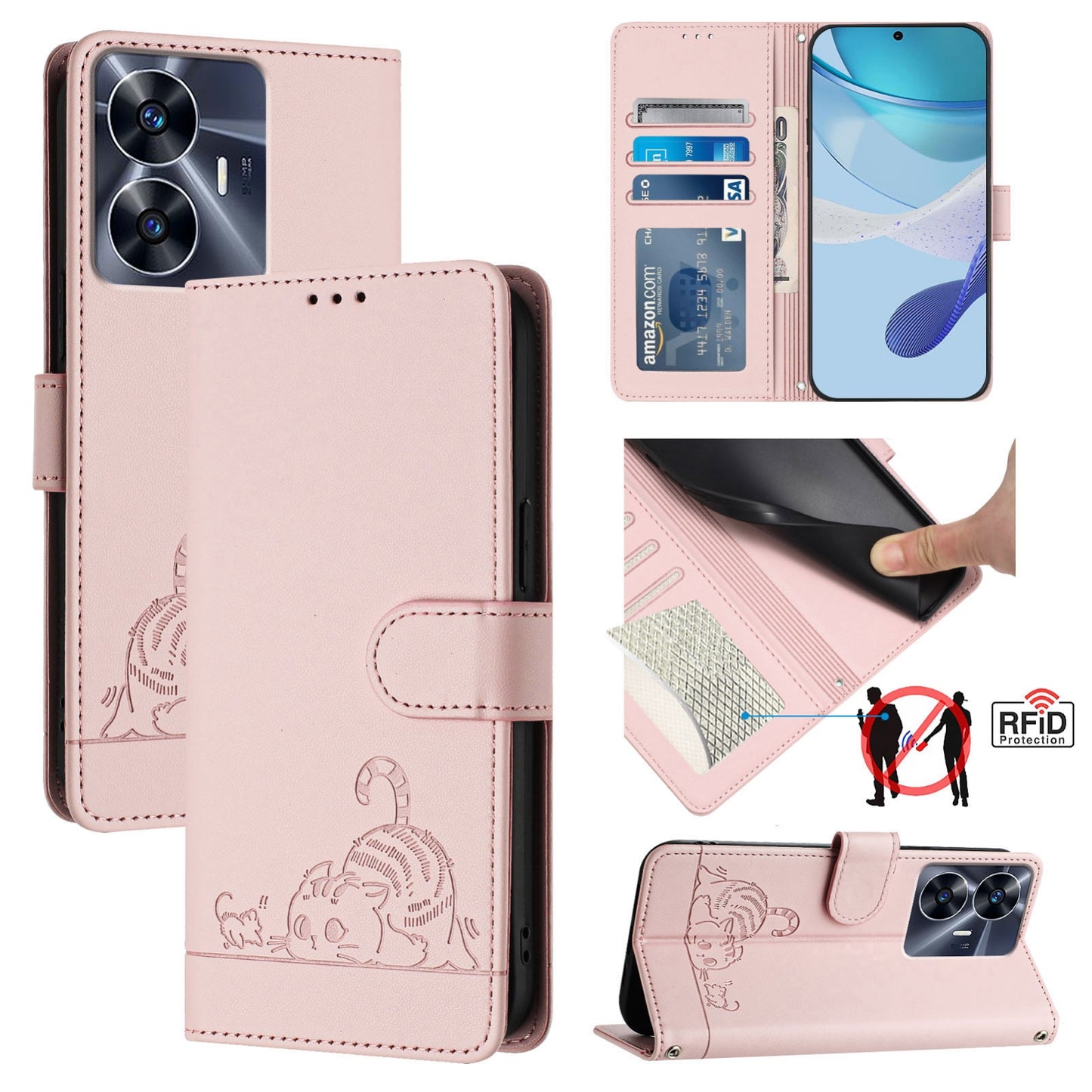 Realme Narzo N55 Cat & Rat Embossed RFID Leather Case, Lanyard, Wallet, Card Slots, Kickstand, Anti-Fall, Scratch-Resistant