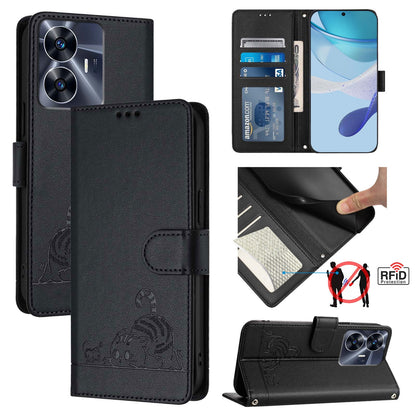 Realme Narzo N55 Cat & Rat Embossed RFID Leather Case, Lanyard, Wallet, Card Slots, Kickstand, Anti-Fall, Scratch-Resistant
