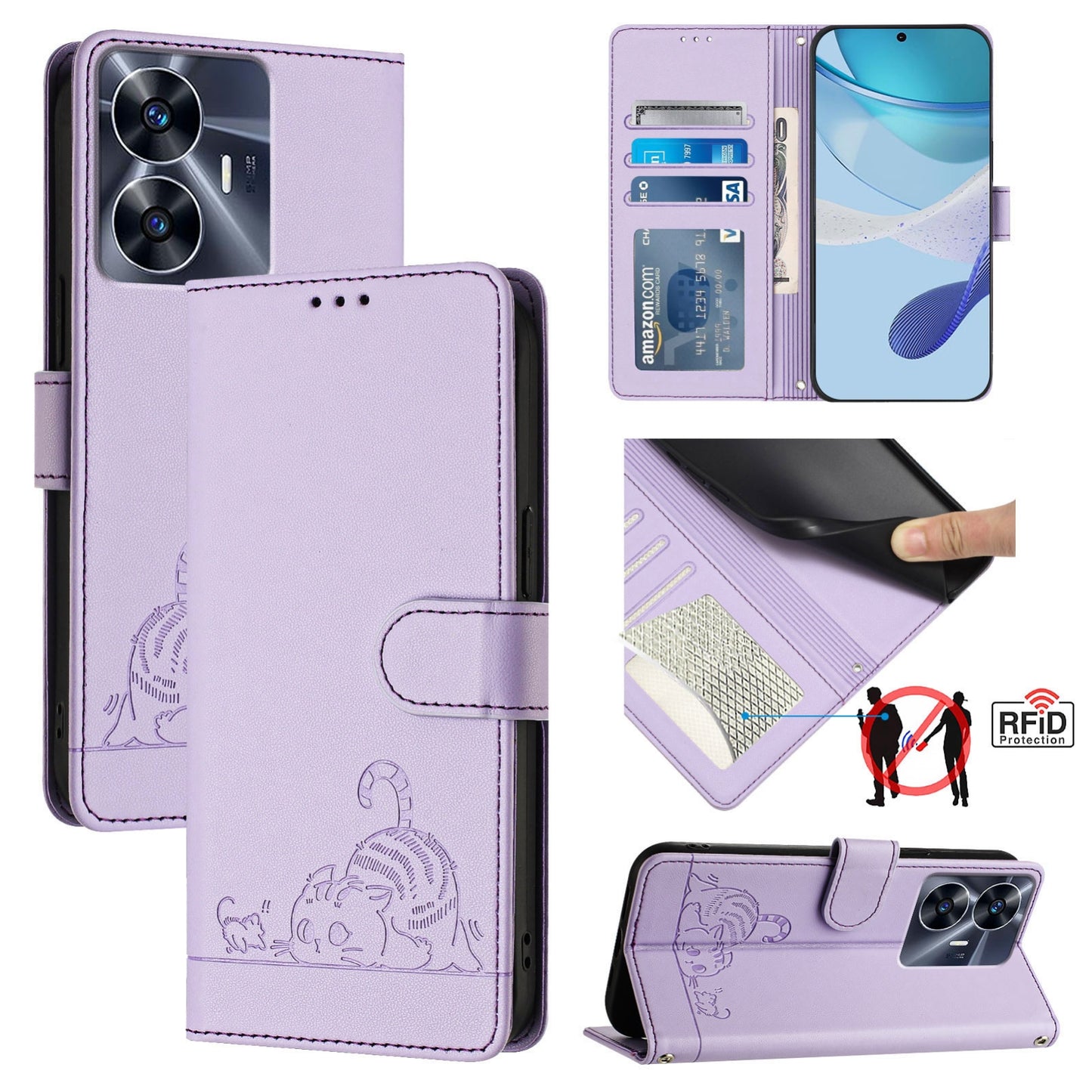 Realme Narzo N55 Cat & Rat Embossed RFID Leather Case, Lanyard, Wallet, Card Slots, Kickstand, Anti-Fall, Scratch-Resistant