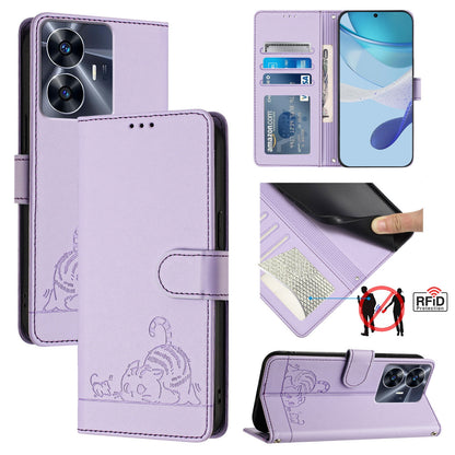 Realme Narzo N55 Cat & Rat Embossed RFID Leather Case, Lanyard, Wallet, Card Slots, Kickstand, Anti-Fall, Scratch-Resistant