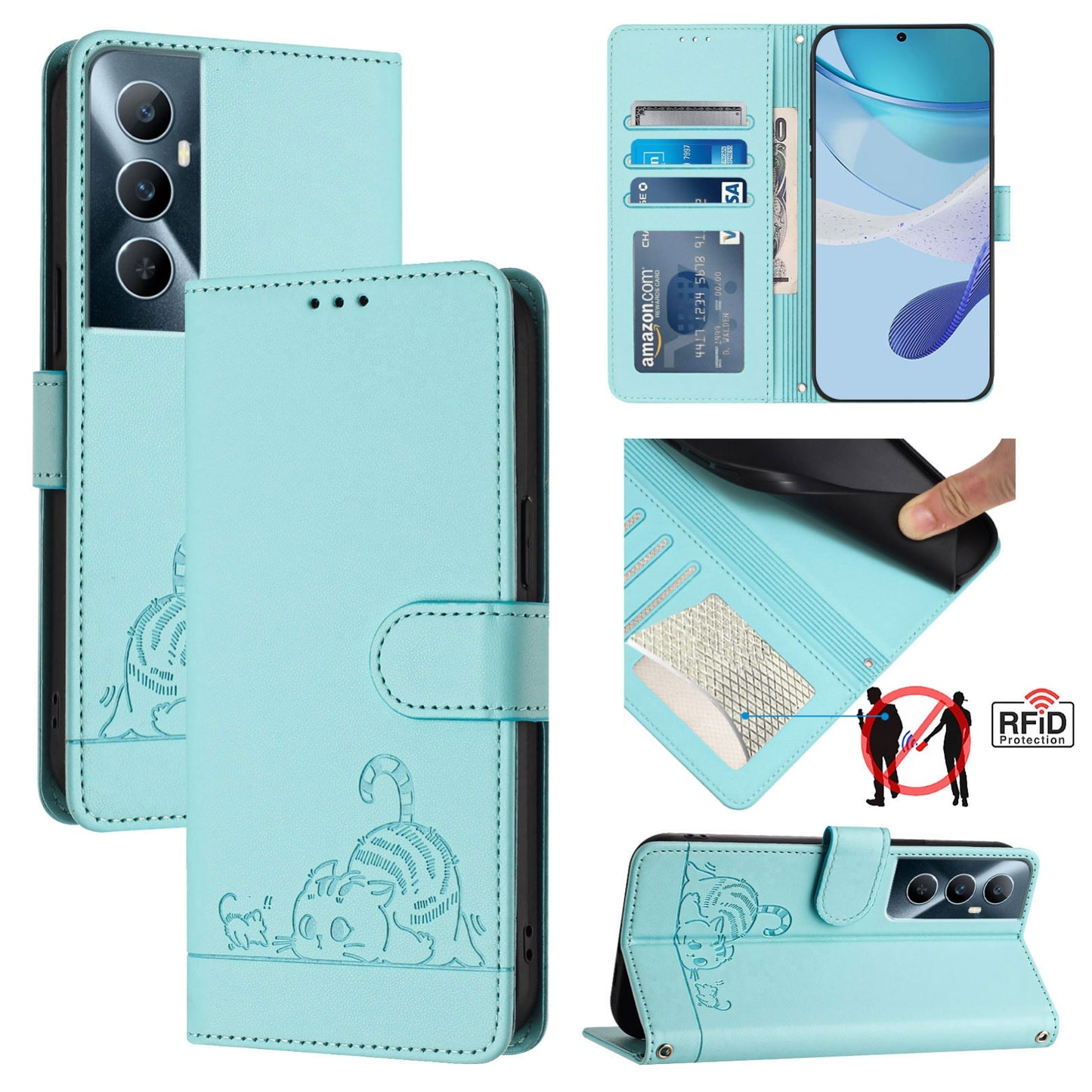 Realme C65 4G Global Cat & Rat Embossed RFID Leather Case, Lanyard, Wallet, Card Slots, Kickstand, Anti-Fall, Scratch-Resistant