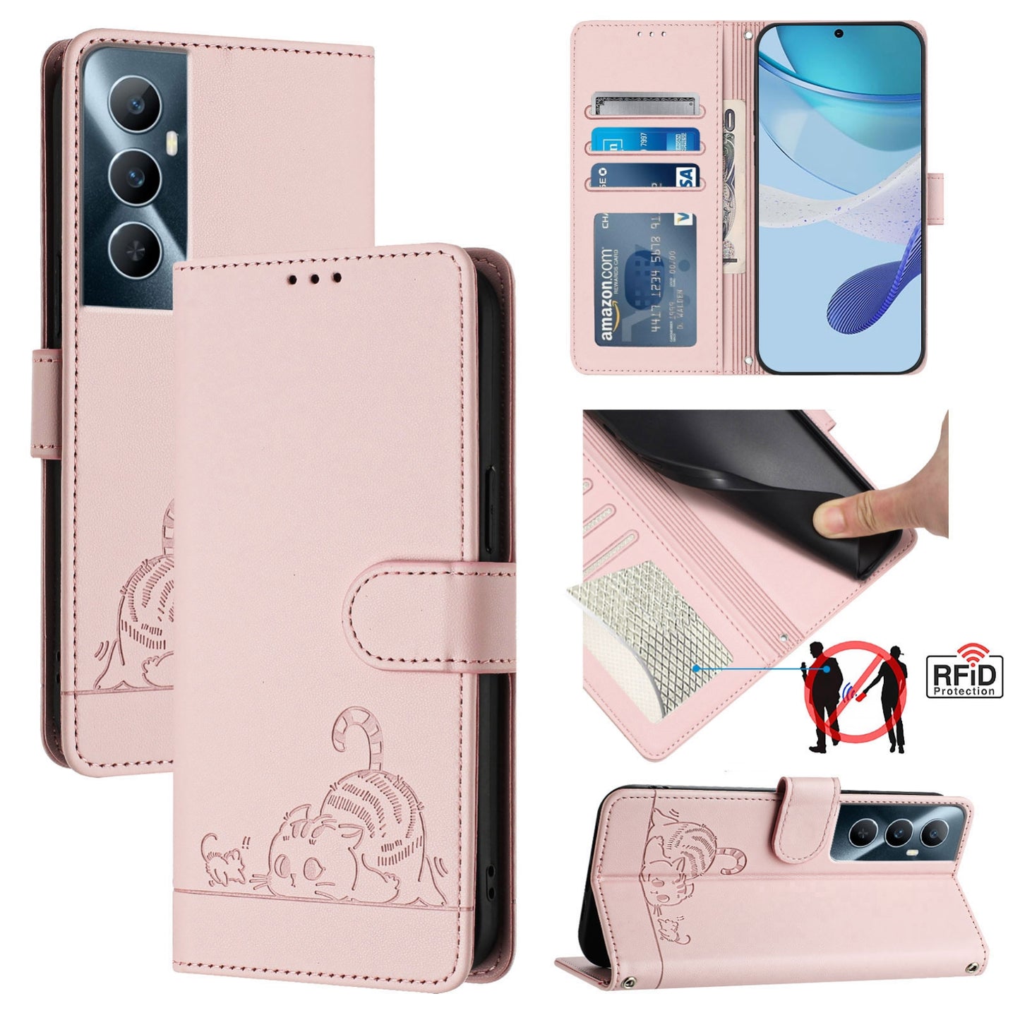 Realme C65 4G Global Cat & Rat Embossed RFID Leather Case, Lanyard, Wallet, Card Slots, Kickstand, Anti-Fall, Scratch-Resistant