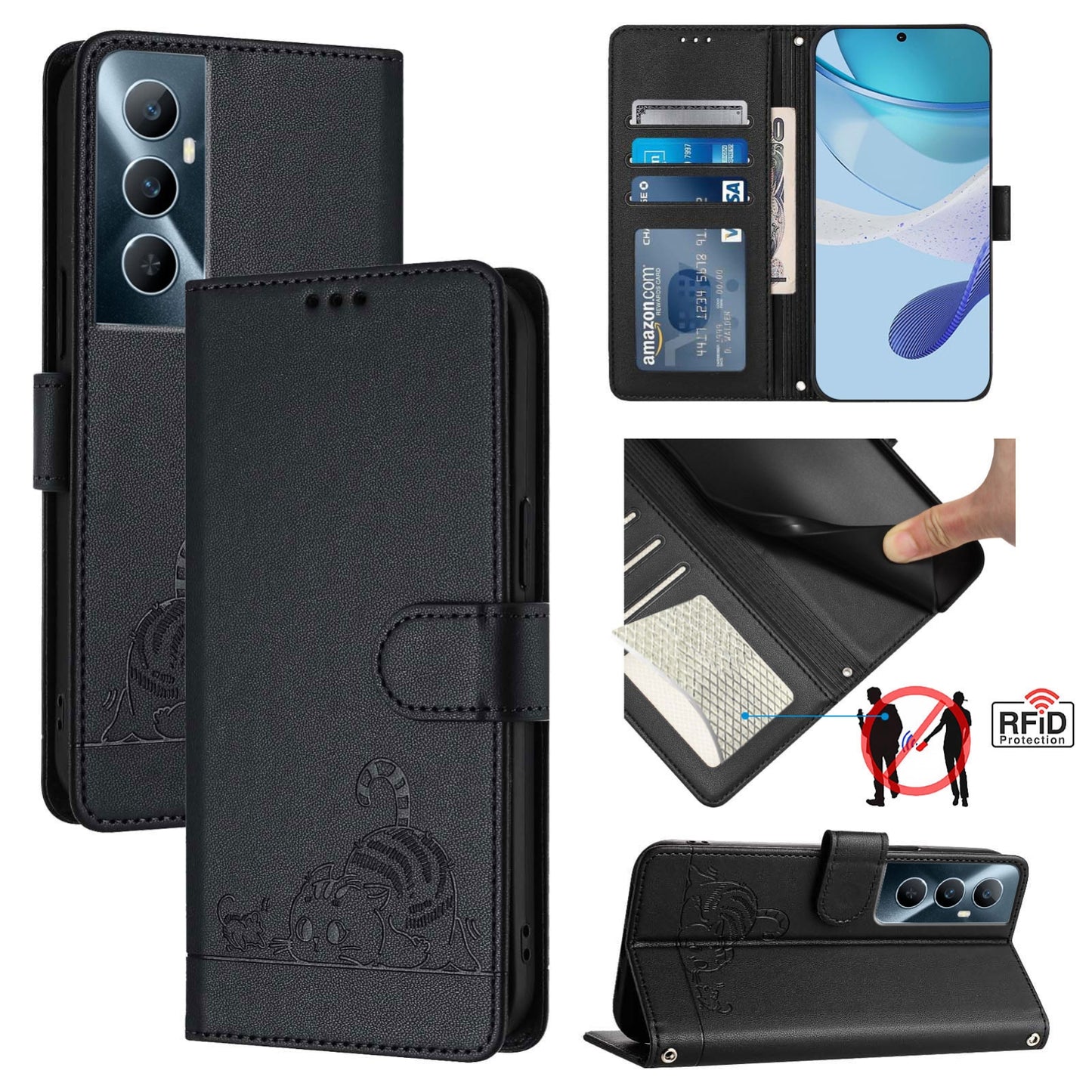 Realme C65 4G Global Cat & Rat Embossed RFID Leather Case, Lanyard, Wallet, Card Slots, Kickstand, Anti-Fall, Scratch-Resistant