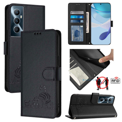 Realme C65 4G Global Cat & Rat Embossed RFID Leather Case, Lanyard, Wallet, Card Slots, Kickstand, Anti-Fall, Scratch-Resistant