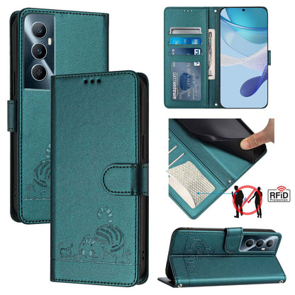Realme C65 4G Global Cat & Rat Embossed RFID Leather Case, Lanyard, Wallet, Card Slots, Kickstand, Anti-Fall, Scratch-Resistant