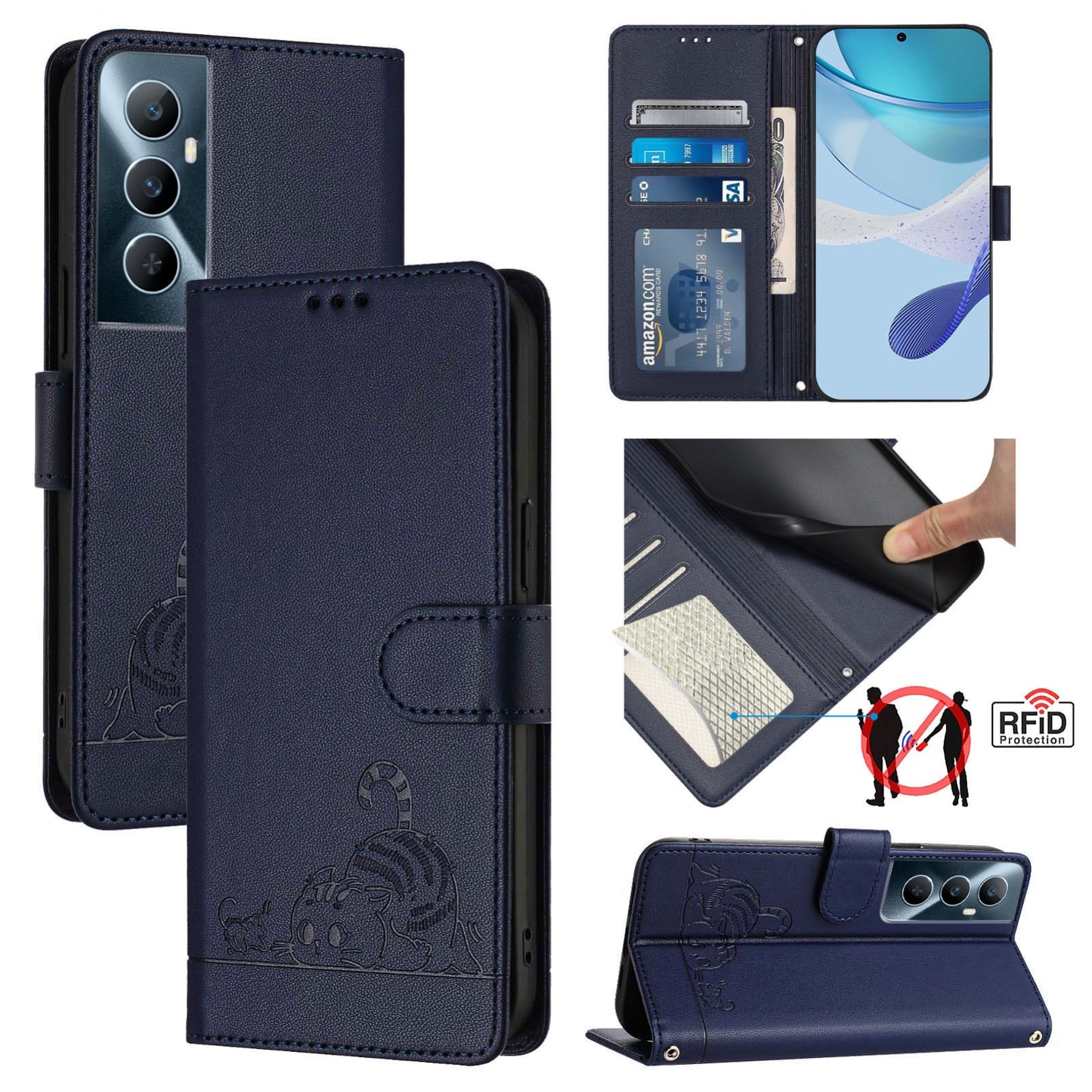 Realme C65 4G Global Cat & Rat Embossed RFID Leather Case, Lanyard, Wallet, Card Slots, Kickstand, Anti-Fall, Scratch-Resistant