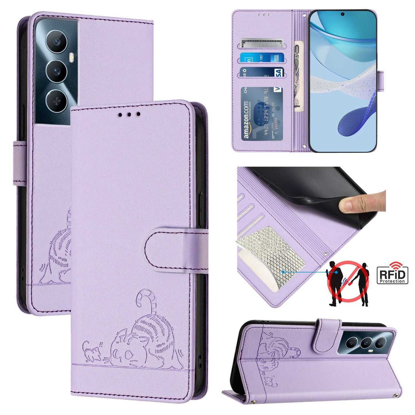 Realme C65 4G Global Cat & Rat Embossed RFID Leather Case, Lanyard, Wallet, Card Slots, Kickstand, Anti-Fall, Scratch-Resistant
