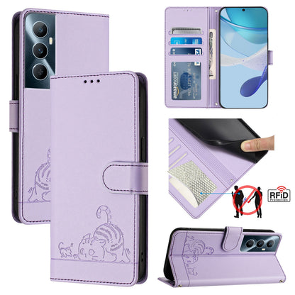 Realme C65 4G Global Cat & Rat Embossed RFID Leather Case, Lanyard, Wallet, Card Slots, Kickstand, Anti-Fall, Scratch-Resistant