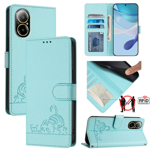 Realme C67 4G Global Cat & Rat Embossed RFID Leather Case, Lanyard, Wallet, Card Slots, Kickstand, Anti-Fall, Scratch-Resistant