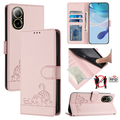 Realme C67 4G Global Cat & Rat Embossed RFID Leather Case, Lanyard, Wallet, Card Slots, Kickstand, Anti-Fall, Scratch-Resistant