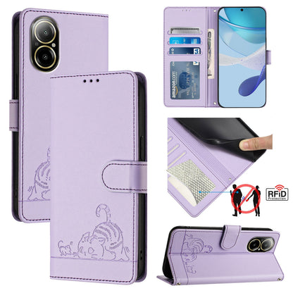 Realme C67 4G Global Cat & Rat Embossed RFID Leather Case, Lanyard, Wallet, Card Slots, Kickstand, Anti-Fall, Scratch-Resistant