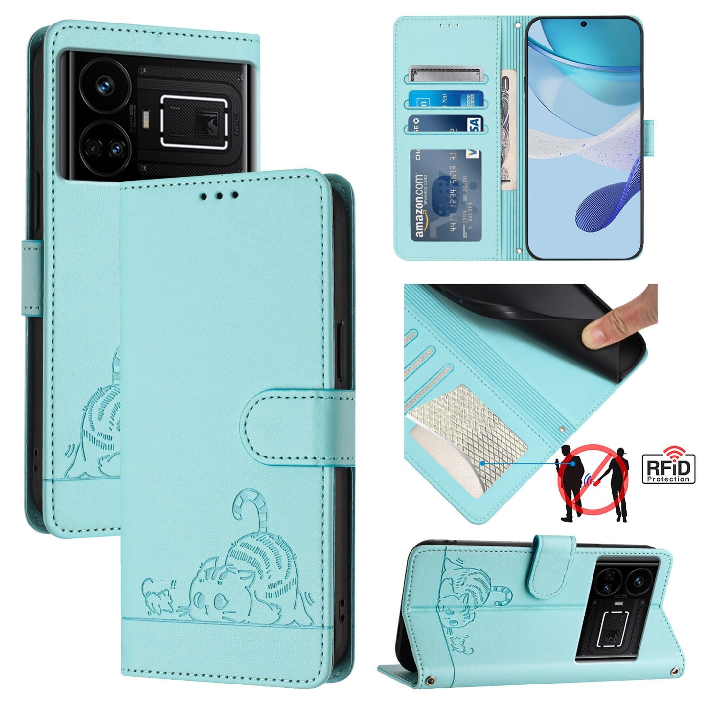 Realme GT 5G Cat & Rat Embossed RFID Leather Case, Lanyard, Wallet, Card Slots, Kickstand, Anti-Fall, Scratch-Resistant