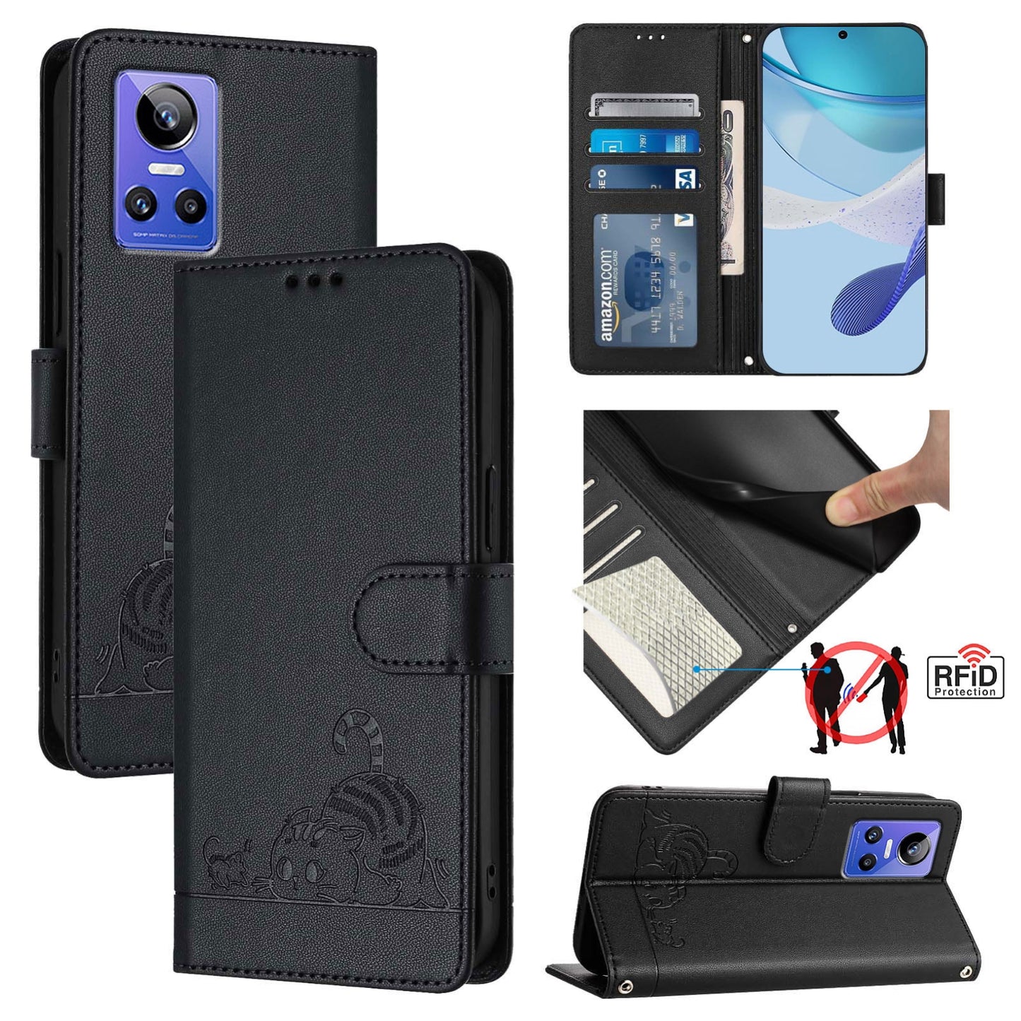 Realme GT NEO3 Cat & Rat Embossed RFID Leather Case, Lanyard, Wallet, Card Slots, Kickstand, Anti-Fall, Scratch-Resistant