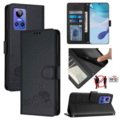 Realme GT NEO3 Cat & Rat Embossed RFID Leather Case, Lanyard, Wallet, Card Slots, Kickstand, Anti-Fall, Scratch-Resistant