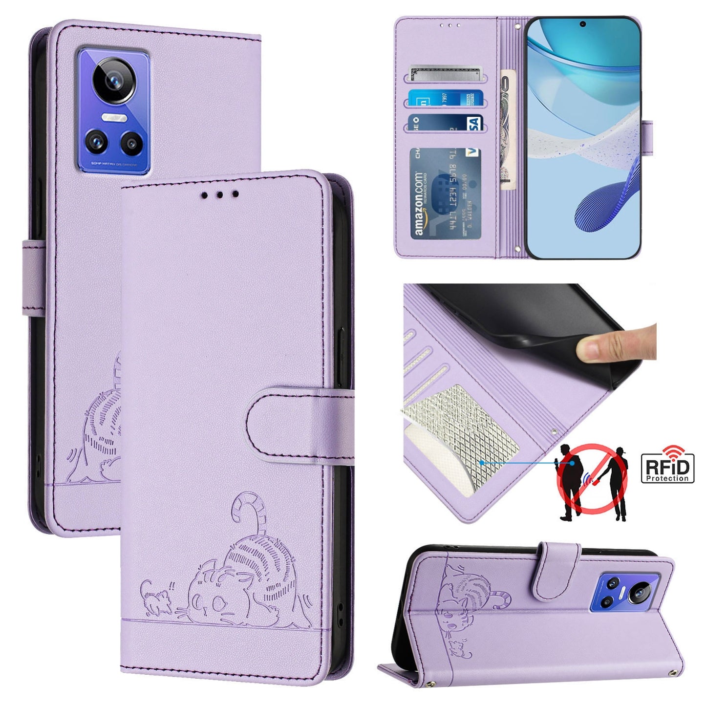 Realme GT NEO3 Cat & Rat Embossed RFID Leather Case, Lanyard, Wallet, Card Slots, Kickstand, Anti-Fall, Scratch-Resistant