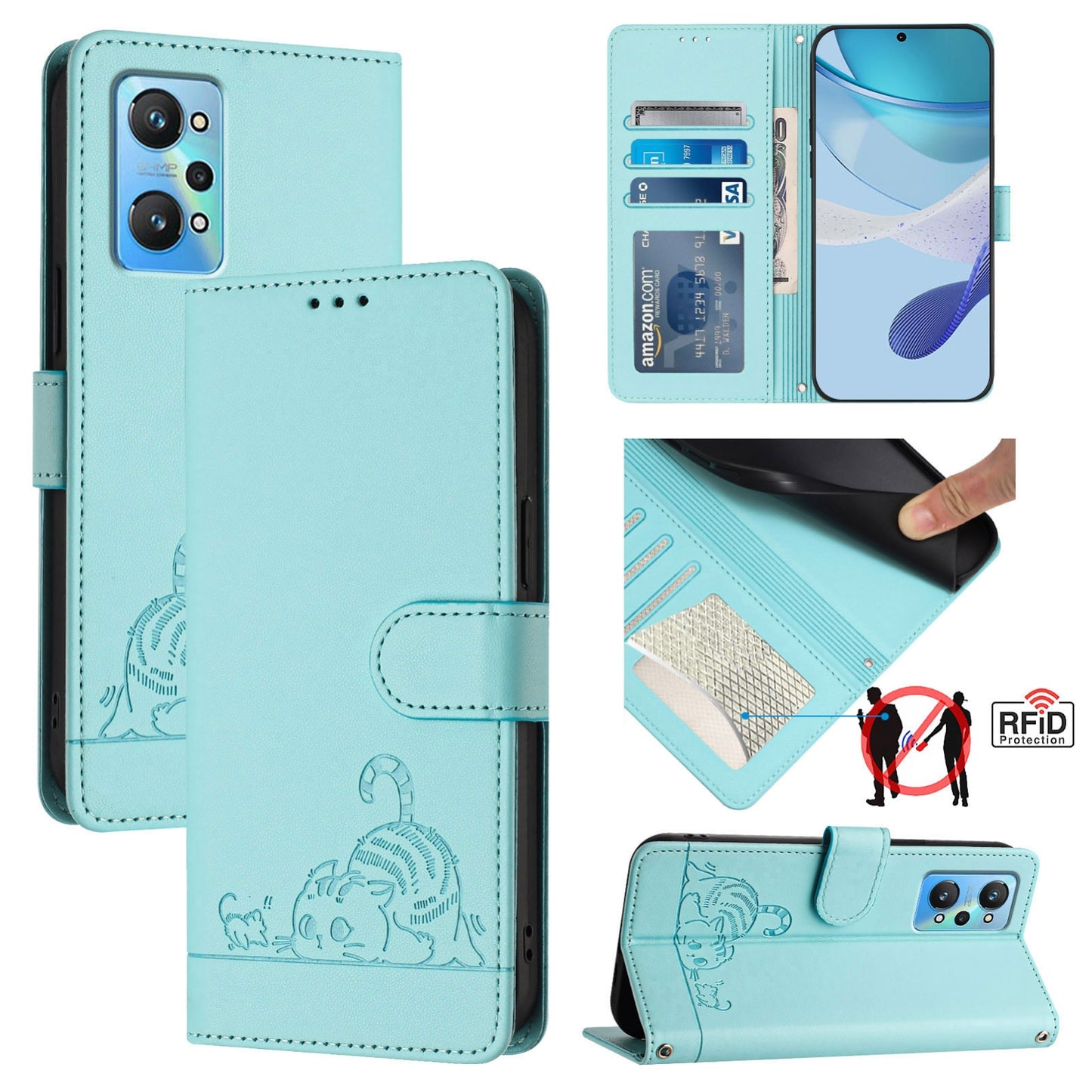 Realme GT NEO 3T Cat & Rat Embossed RFID Leather Case, Lanyard, Wallet, Card Slots, Kickstand, Anti-Fall, Scratch-Resistant