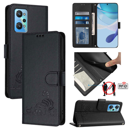 Realme GT NEO 3T Cat & Rat Embossed RFID Leather Case, Lanyard, Wallet, Card Slots, Kickstand, Anti-Fall, Scratch-Resistant