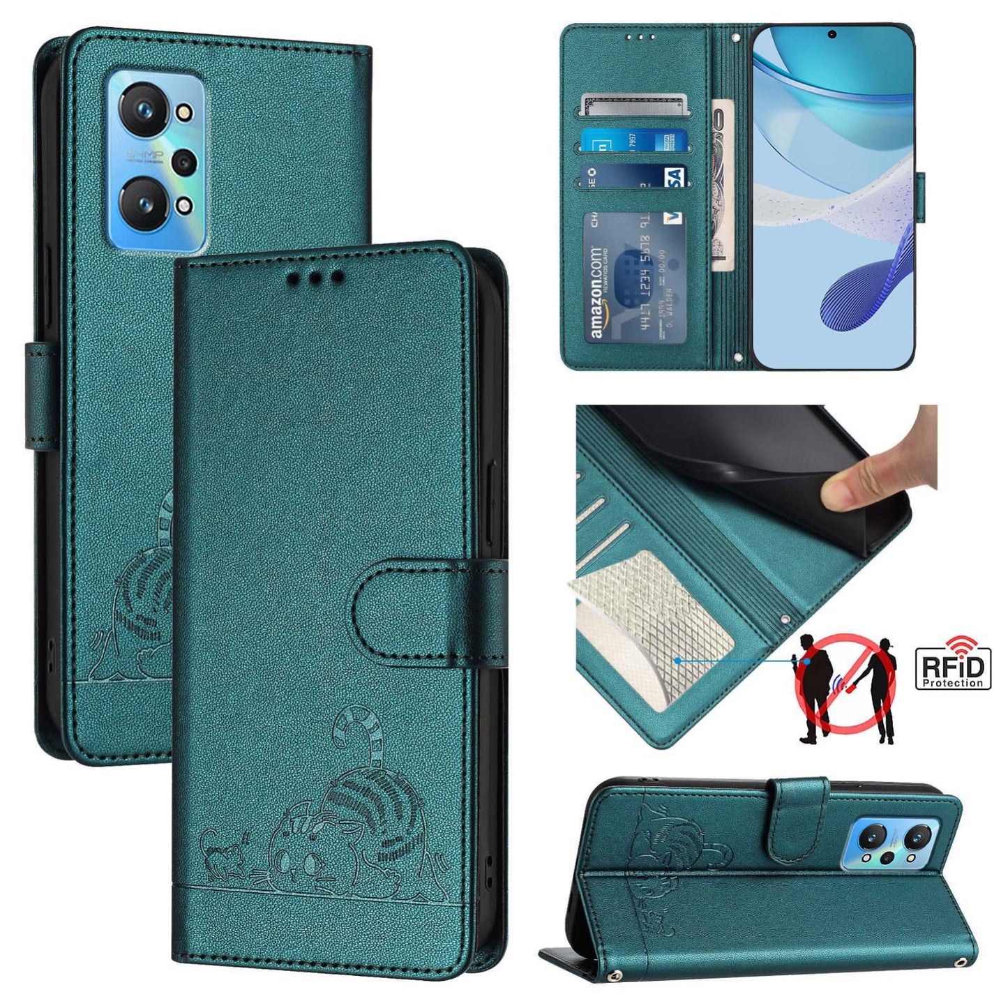 Realme GT NEO 3T Cat & Rat Embossed RFID Leather Case, Lanyard, Wallet, Card Slots, Kickstand, Anti-Fall, Scratch-Resistant