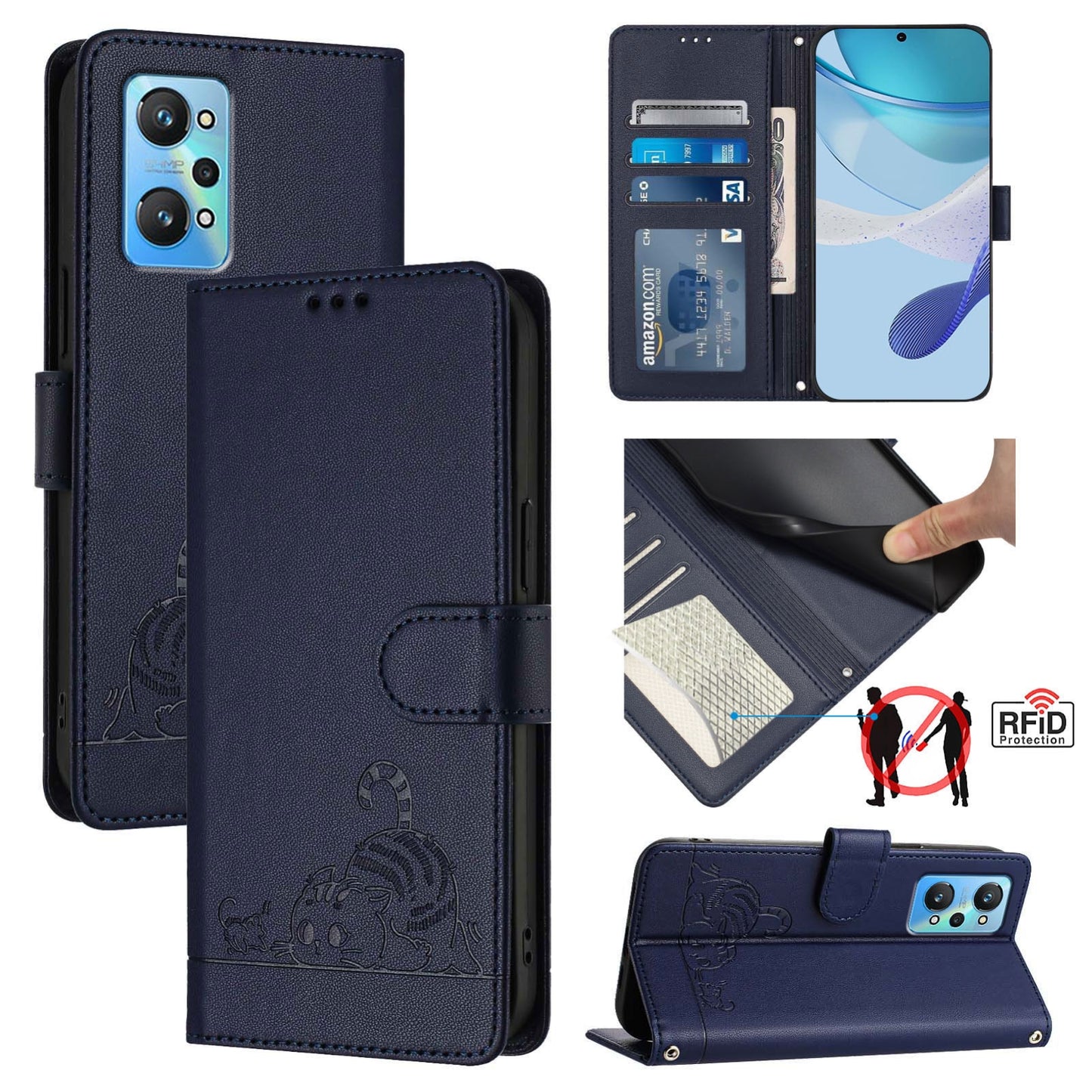 Realme GT NEO 3T Cat & Rat Embossed RFID Leather Case, Lanyard, Wallet, Card Slots, Kickstand, Anti-Fall, Scratch-Resistant