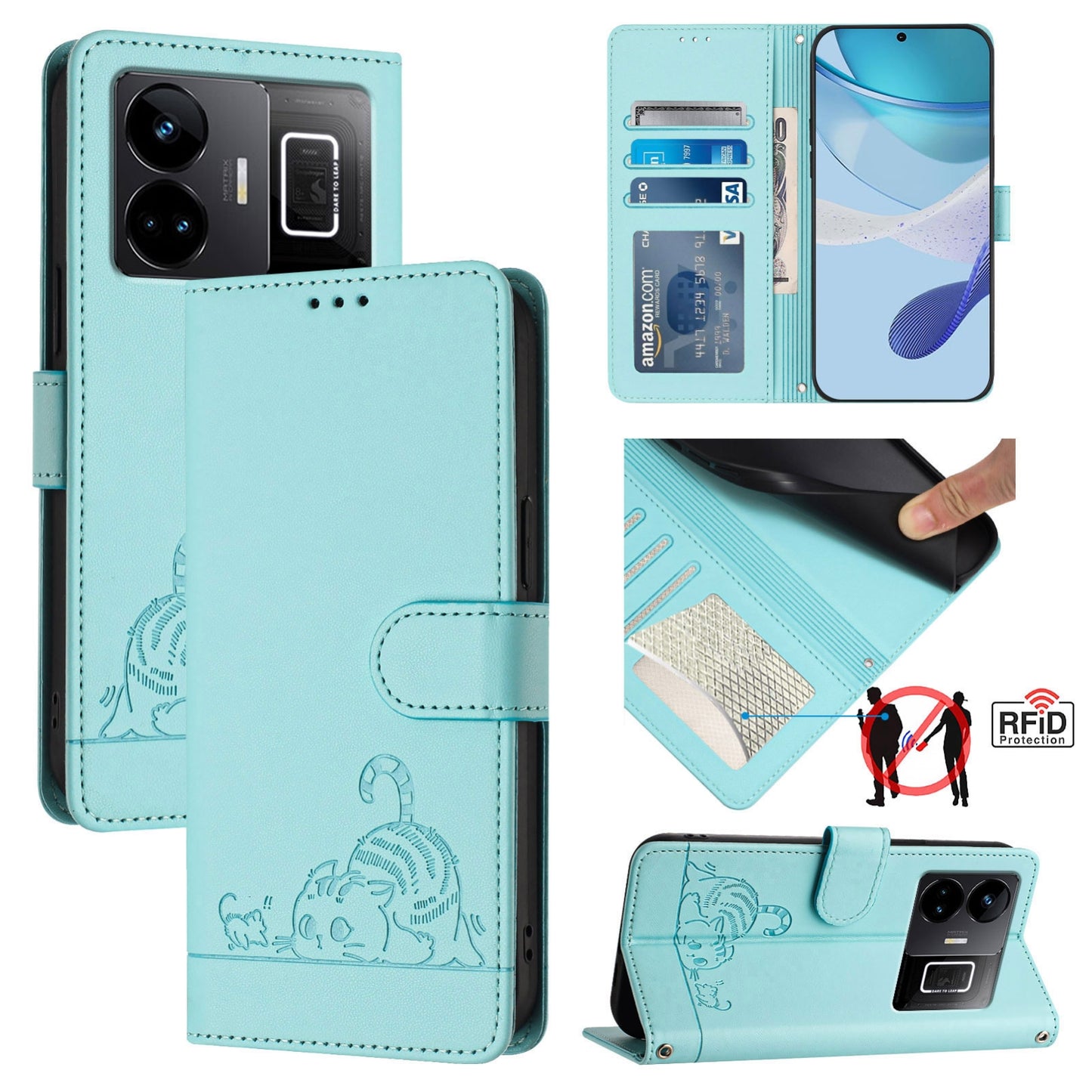 Realme GT Neo 5 240W Cat & Rat Embossed RFID Leather Case, Lanyard, Wallet, Card Slots, Kickstand, Anti-Fall, Scratch-Resistant