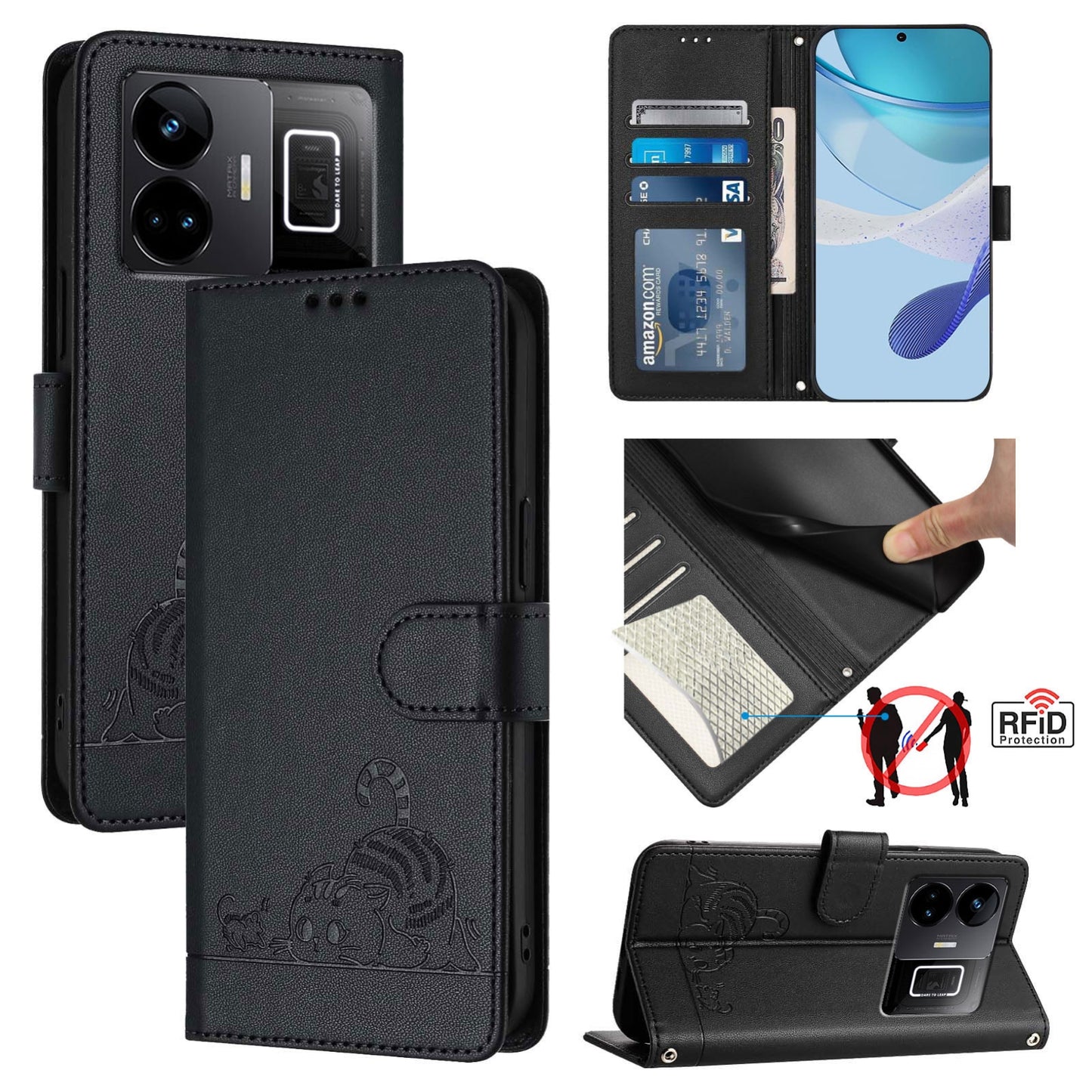 Realme GT3 5G Cat & Rat Embossed RFID Leather Case, Lanyard, Wallet, Card Slots, Kickstand, Anti-Fall, Scratch-Resistant