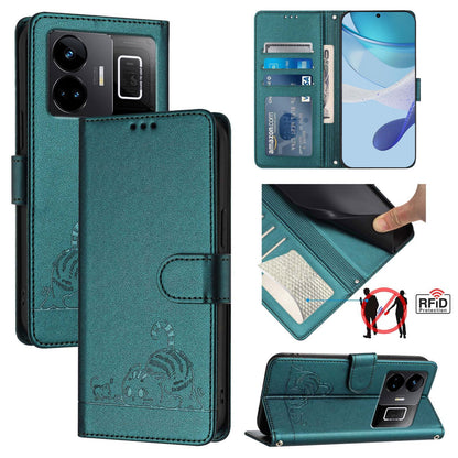 Realme GT Neo 5 240W Cat & Rat Embossed RFID Leather Case, Lanyard, Wallet, Card Slots, Kickstand, Anti-Fall, Scratch-Resistant