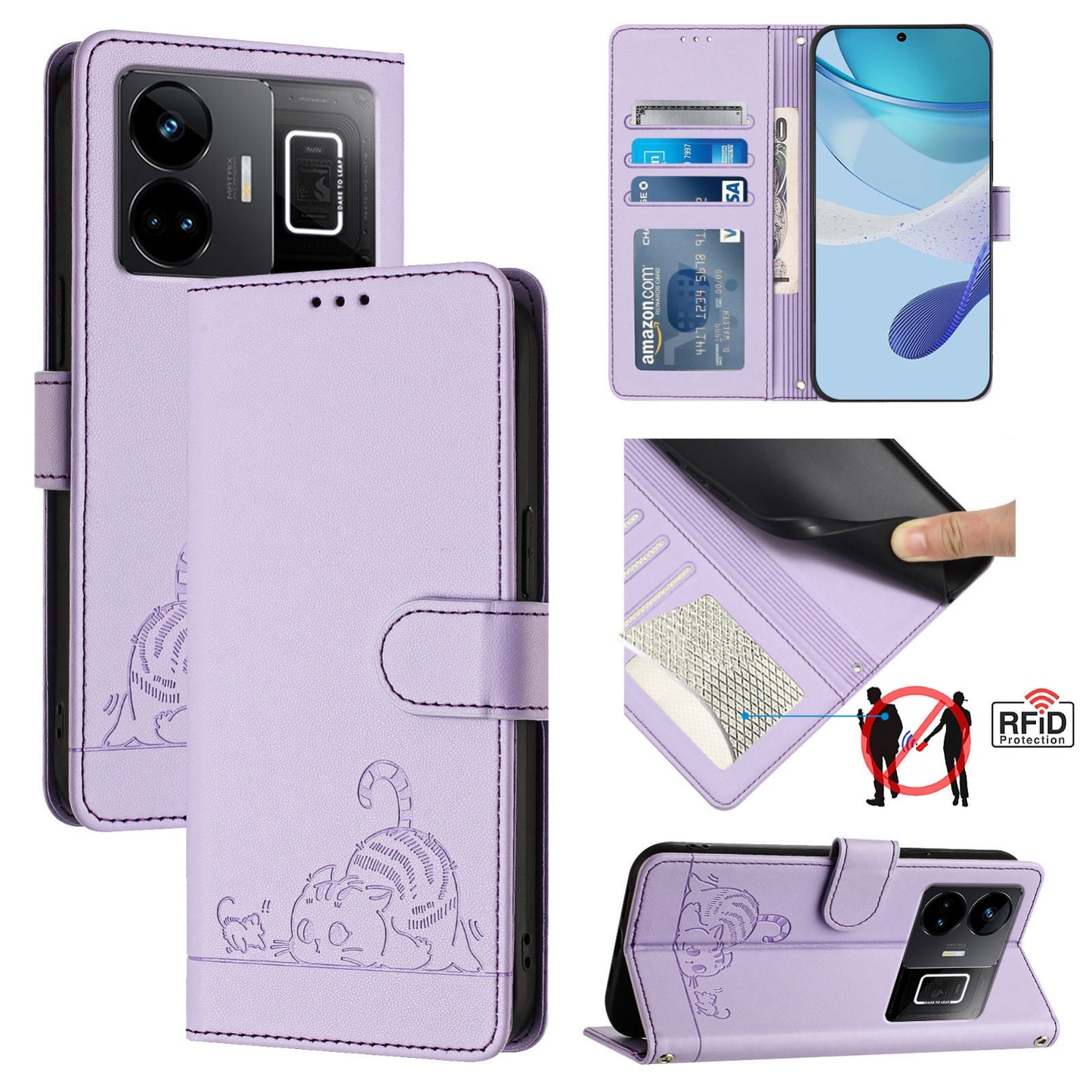 Realme GT3 5G Cat & Rat Embossed RFID Leather Case, Lanyard, Wallet, Card Slots, Kickstand, Anti-Fall, Scratch-Resistant