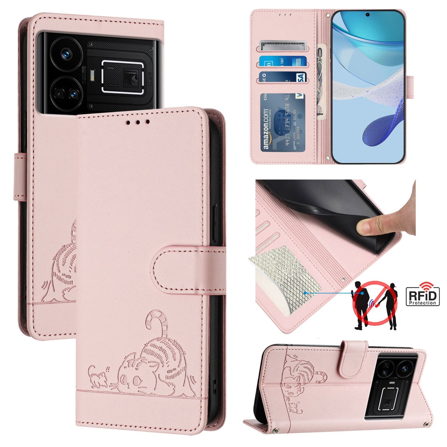 Realme GT5 5G 240W Cat & Rat Embossed RFID Leather Case, Lanyard, Wallet, Card Slots, Kickstand, Anti-Fall, Scratch-Resistant
