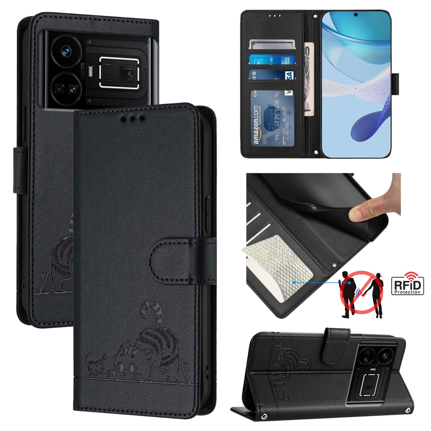 Realme GT5 5G 240W Cat & Rat Embossed RFID Leather Case, Lanyard, Wallet, Card Slots, Kickstand, Anti-Fall, Scratch-Resistant