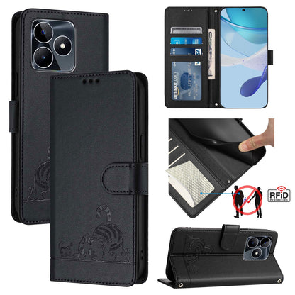 Realme Note 50 4G Global Cat & Rat Embossed RFID Leather Case, Lanyard, Wallet, Card Slots, Kickstand, Anti-Fall, Scratch-Resistant